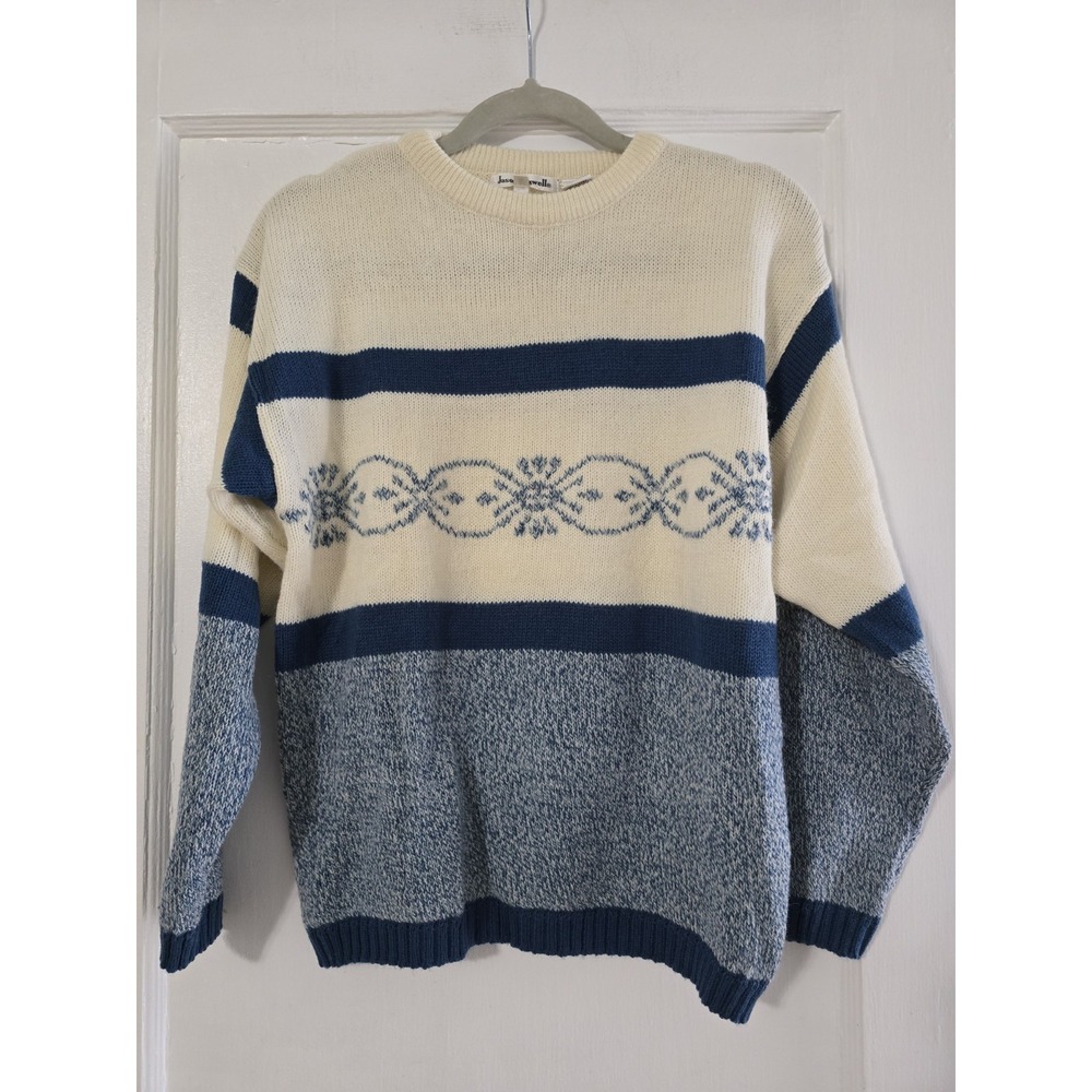 Vintage Jason Maxwell Sweater Women's Medium Cream Blue Geometric Acrylic‎ 1990s